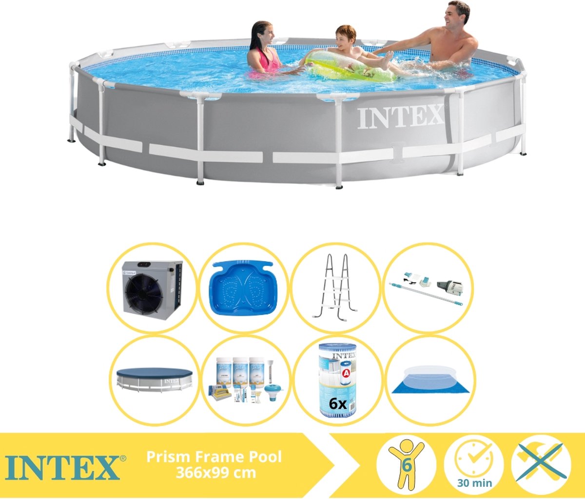 Intex Prism Frame Zwembad - Opzetzwembad - 366x76 cm - Inclusief Afdekzeil, Onderhoudspakket, Filter, Grondzeil, Stofzuiger, Trap, Voetenbad en Warmtepomp CP