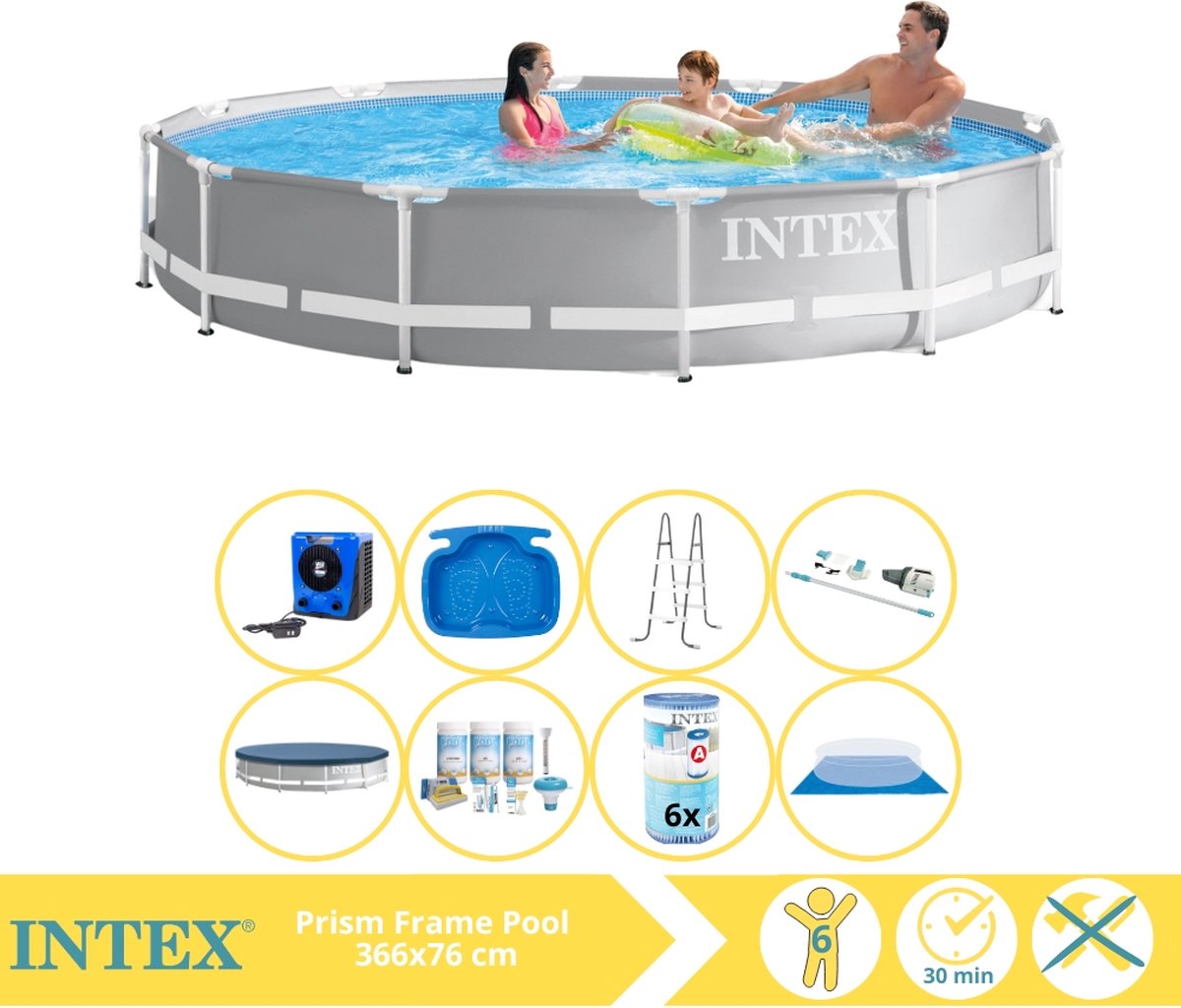 Intex Prism Frame Zwembad - Opzetzwembad - 366x76 cm - Inclusief Afdekzeil, Onderhoudspakket, Filter, Grondzeil, Stofzuiger, Trap, Voetenbad en Warmtepomp HS