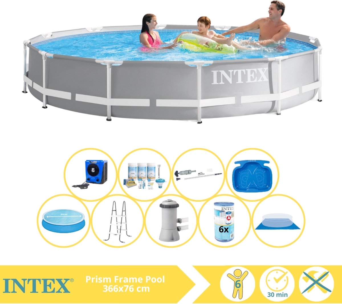   Prism Frame Zwembad - Opzetzwembad - 366x76 cm - Inclusief Solarzeil, Onderhoudspakket, Zwembadpomp, Filter, Grondzeil, Stofzuiger, Trap, Voetenbad en Warmtepomp HS