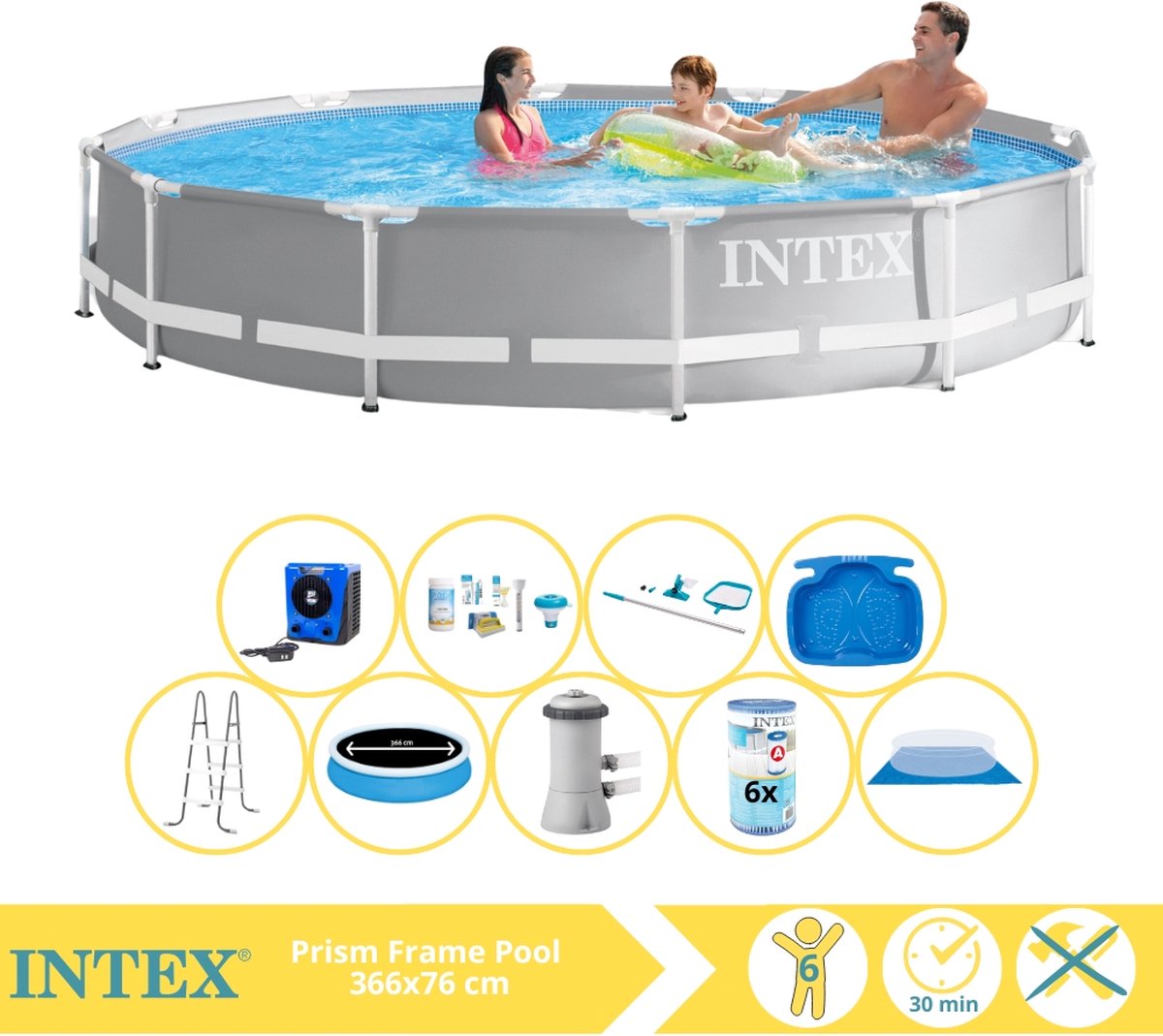   Prism Frame Zwembad - Opzetzwembad - 366x76 cm - Inclusief Solarzeil Pro, Onderhoudspakket, Zwembadpomp, Filter, Grondzeil, Onderhoudsset, Trap, Voetenbad en Warmtepomp HS