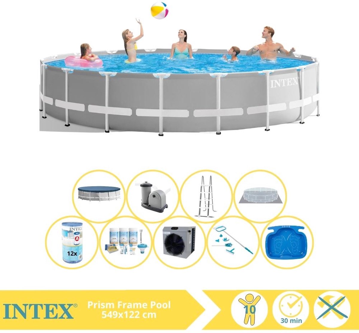 Intex Prism Frame Zwembad - Opzetzwembad - 549x122 cm - Inclusief Onderhoudspakket, Filter, Onderhoudsset, Voetenbad en Warmtepomp CP