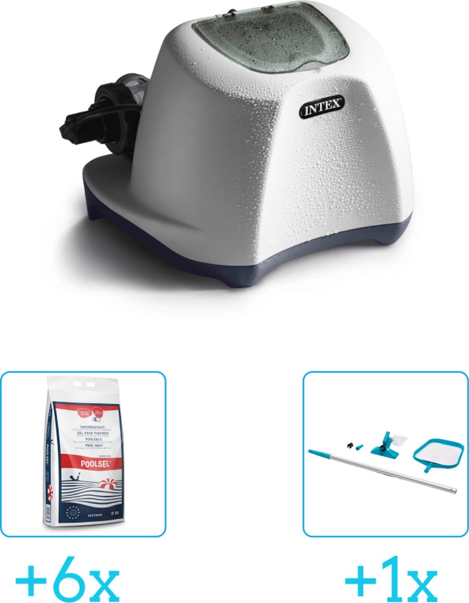   QS1200 zoutwwatersysteem - Zwembaden tot 56.800 liter inclusief Zwembadzout 15 kg. (6 stuks) &   Onderhoudsset met telescoopsteel - 2-delig - 28002 (1 stuks)