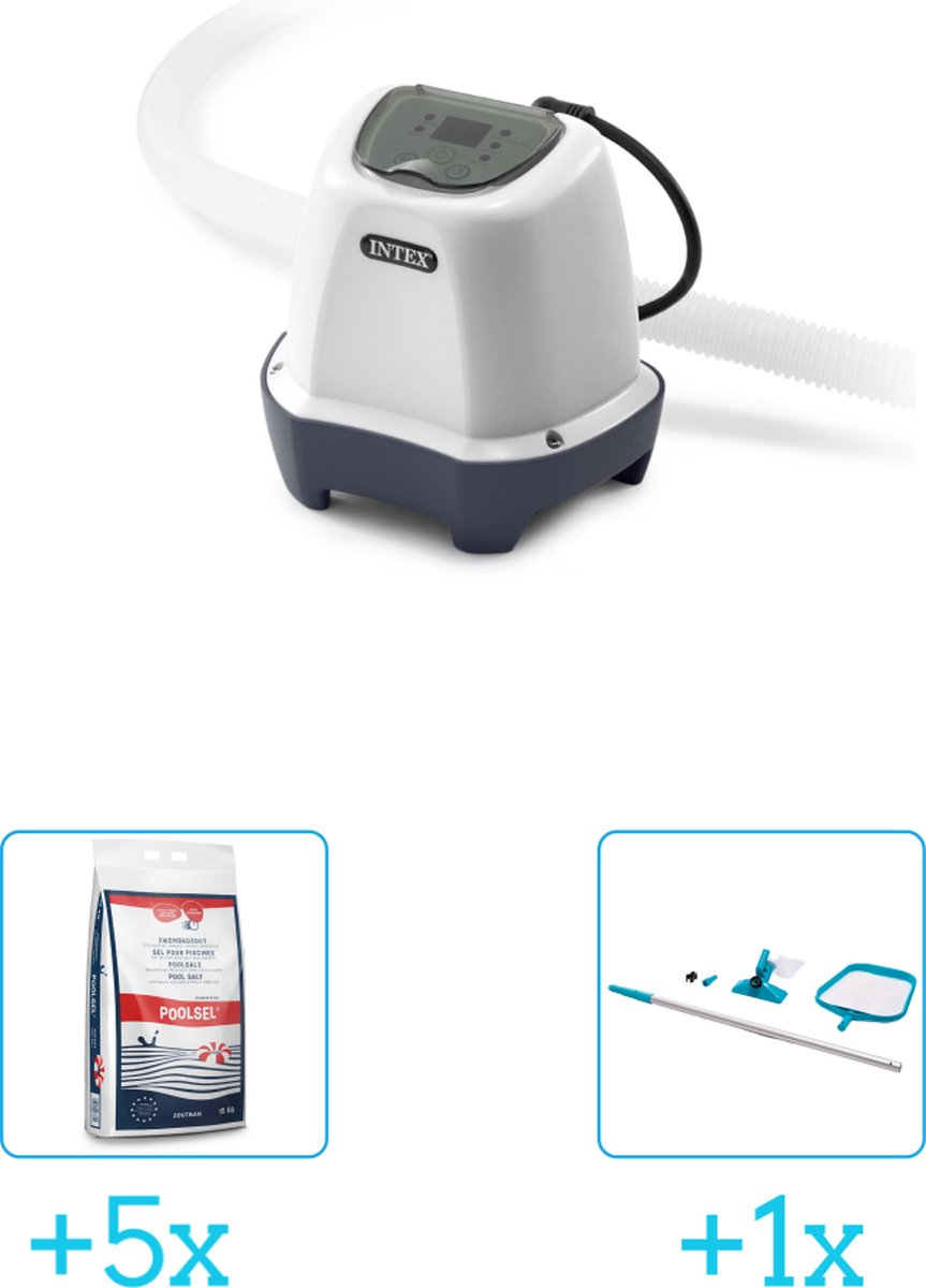   QS200 zoutwatersysteem - Zwembaden tot 8.327 liter inclusief Zwembadzout 15 kg. (5 stuks) &   Onderhoudsset met telescoopsteel - 2-delig - 28002 (1 stuks)