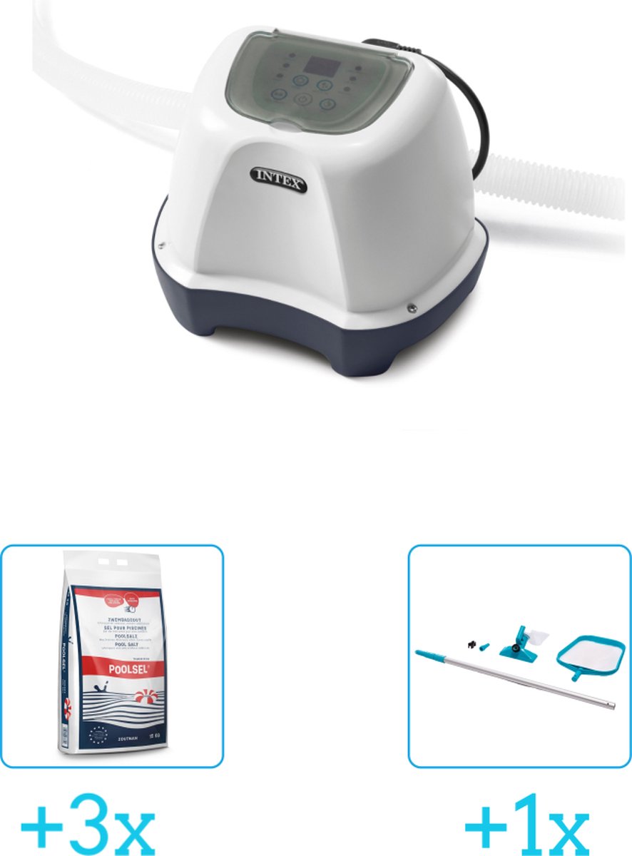   QS400 zoutwatersysteem - Zwembaden tot 17.413 liter inclusief Zwembadzout 15 kg. (3 stuks) &   Onderhoudsset met telescoopsteel - 2-delig - 28002 (1 stuks)