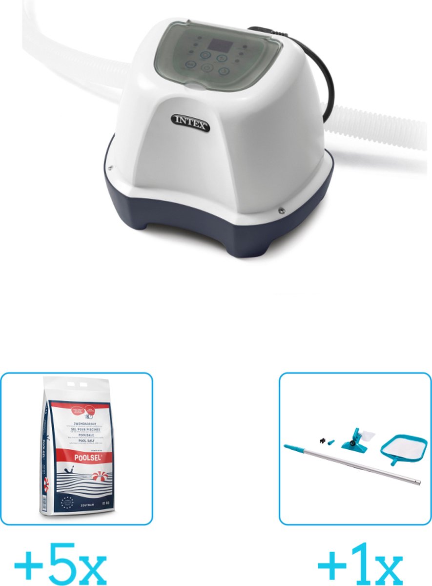   QS400 zoutwatersysteem - Zwembaden tot 17.413 liter inclusief Zwembadzout 15 kg. (5 stuks) &   Onderhoudsset met telescoopsteel - 2-delig - 28002 (1 stuks)