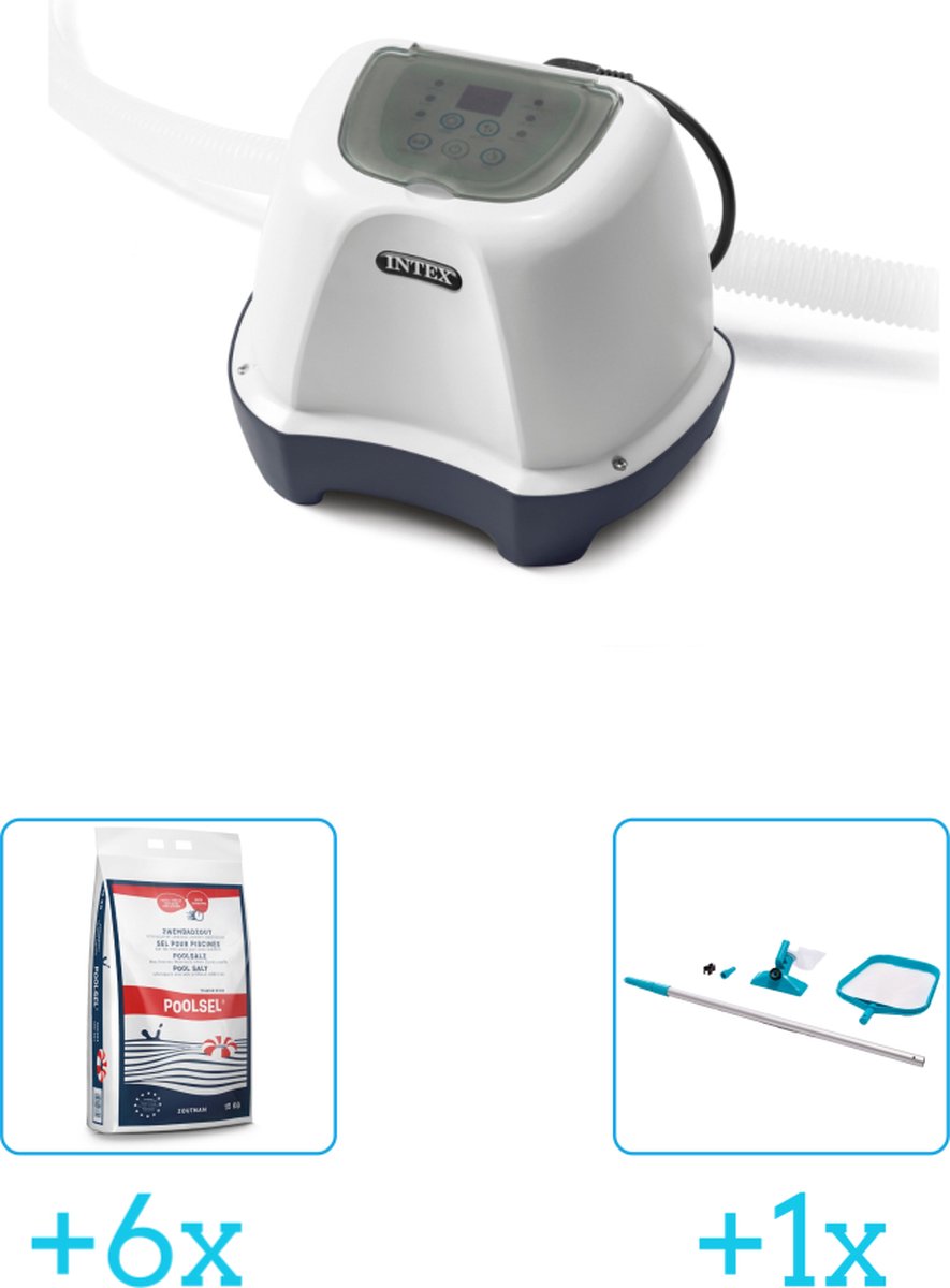   QS400 zoutwatersysteem - Zwembaden tot 17.413 liter inclusief Zwembadzout 15 kg. (6 stuks) &   Onderhoudsset met telescoopsteel - 2-delig - 28002 (1 stuks)