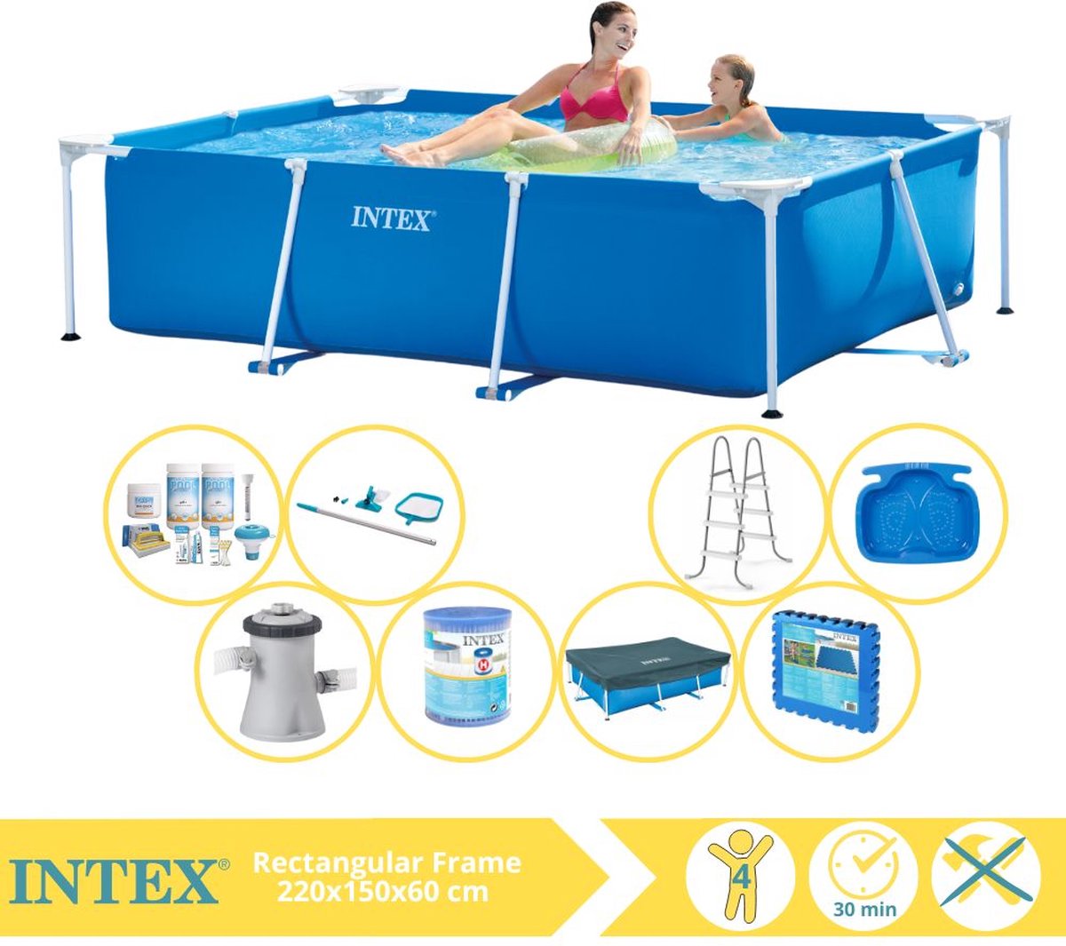   Rectangular Frame Zwembad - Opzetzwembad - 220x150x60 cm - Inclusief Afdekzeil, Onderhoudspakket, Zwembadpomp, Filter, Onderhoudsset, Trap, Voetenbad en Zwembadtegels