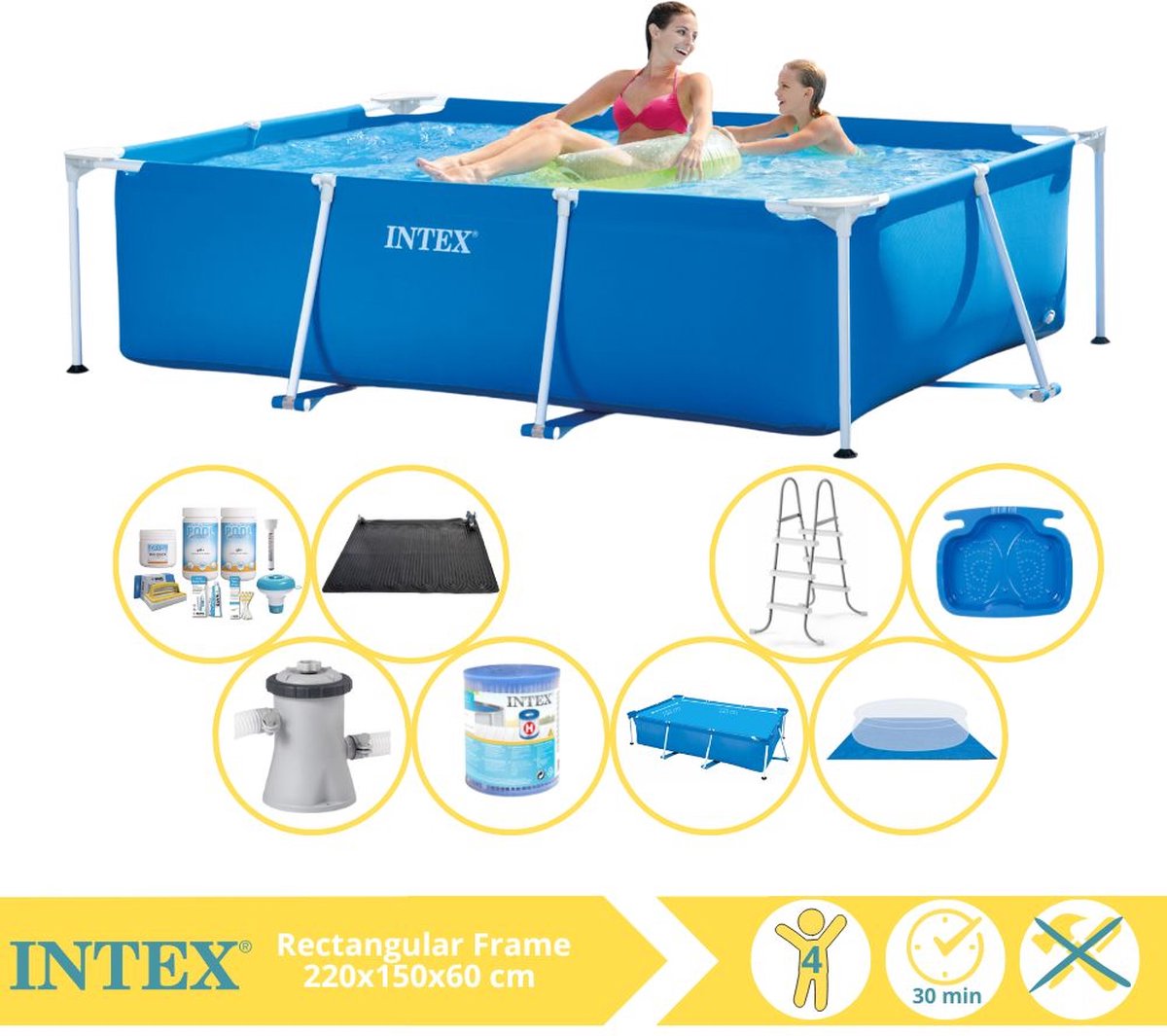   Rectangular Frame Zwembad - Opzetzwembad - 220x150x60 cm - Inclusief Solarzeil, Onderhoudspakket, Zwembadpomp, Filter, Grondzeil, Solar Mat, Trap en Voetenbad