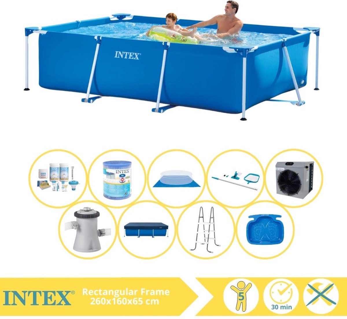   Rectangular Frame Zwembad - Opzetzwembad - 260x160x65 cm - Inclusief Afdekzeil, Onderhoudspakket, Zwembadpomp, Filter, Grondzeil, Onderhoudsset, Trap, Voetenbad en Warmtepomp CP