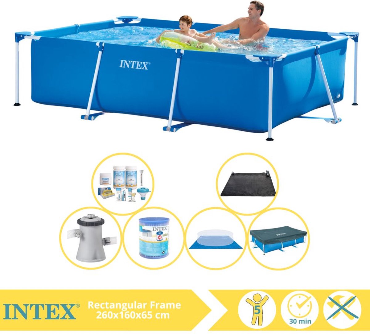   Rectangular Frame Zwembad - Opzetzwembad - 260x160x65 cm - Inclusief Afdekzeil, Onderhoudspakket, Zwembadpomp, Filter, Grondzeil, Solar Mat, Trap en Voetenbad