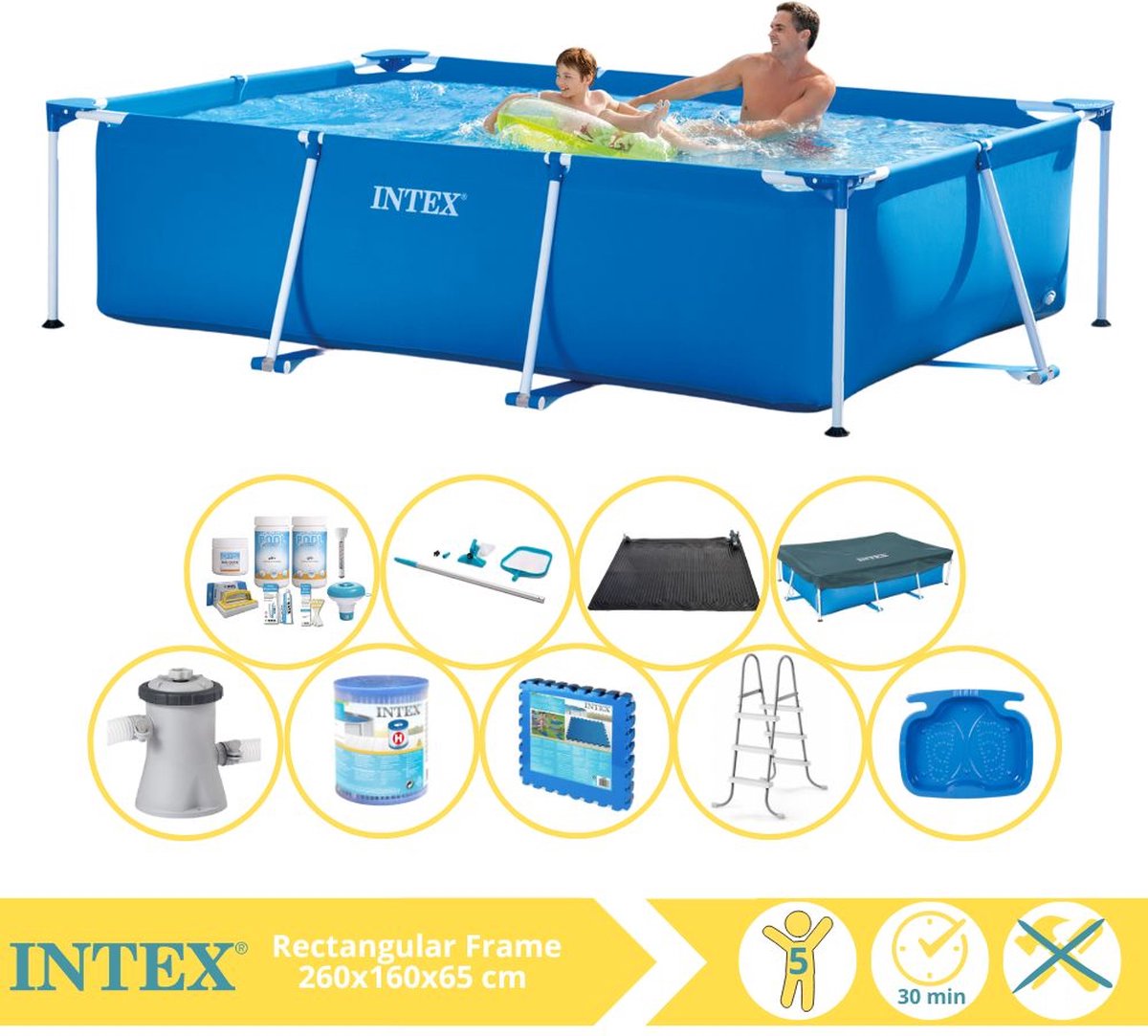   Rectangular Frame Zwembad - Opzetzwembad - 260x160x65 cm - Inclusief Afdekzeil, Onderhoudspakket, Zwembadpomp, Filter, Onderhoudsset, Solar Mat, Trap, Voetenbad en Zwembadtegels