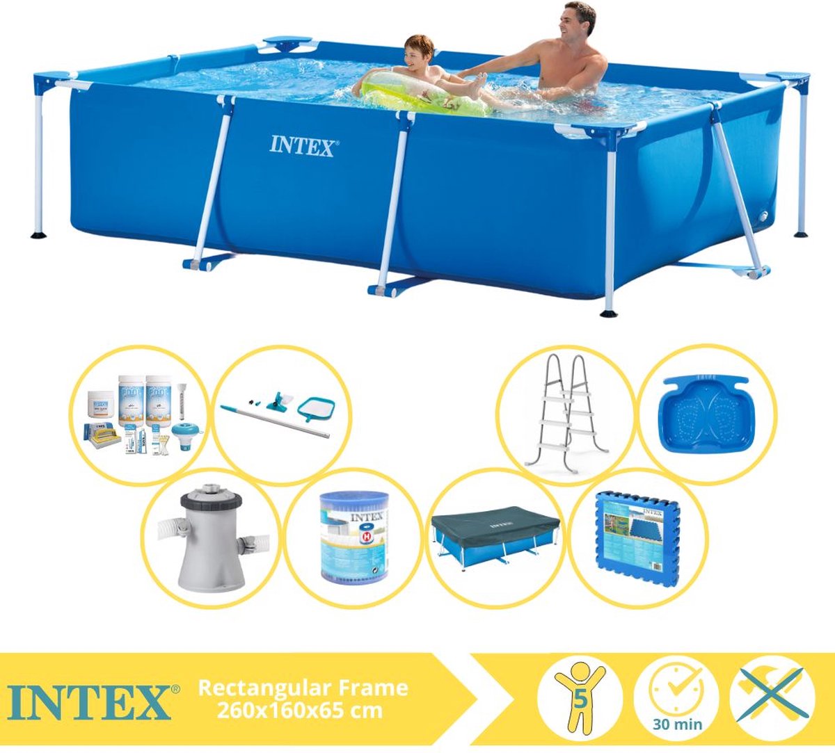   Rectangular Frame Zwembad - Opzetzwembad - 260x160x65 cm - Inclusief Afdekzeil, Onderhoudspakket, Zwembadpomp, Filter, Onderhoudsset, Trap, Voetenbad en Zwembadtegels