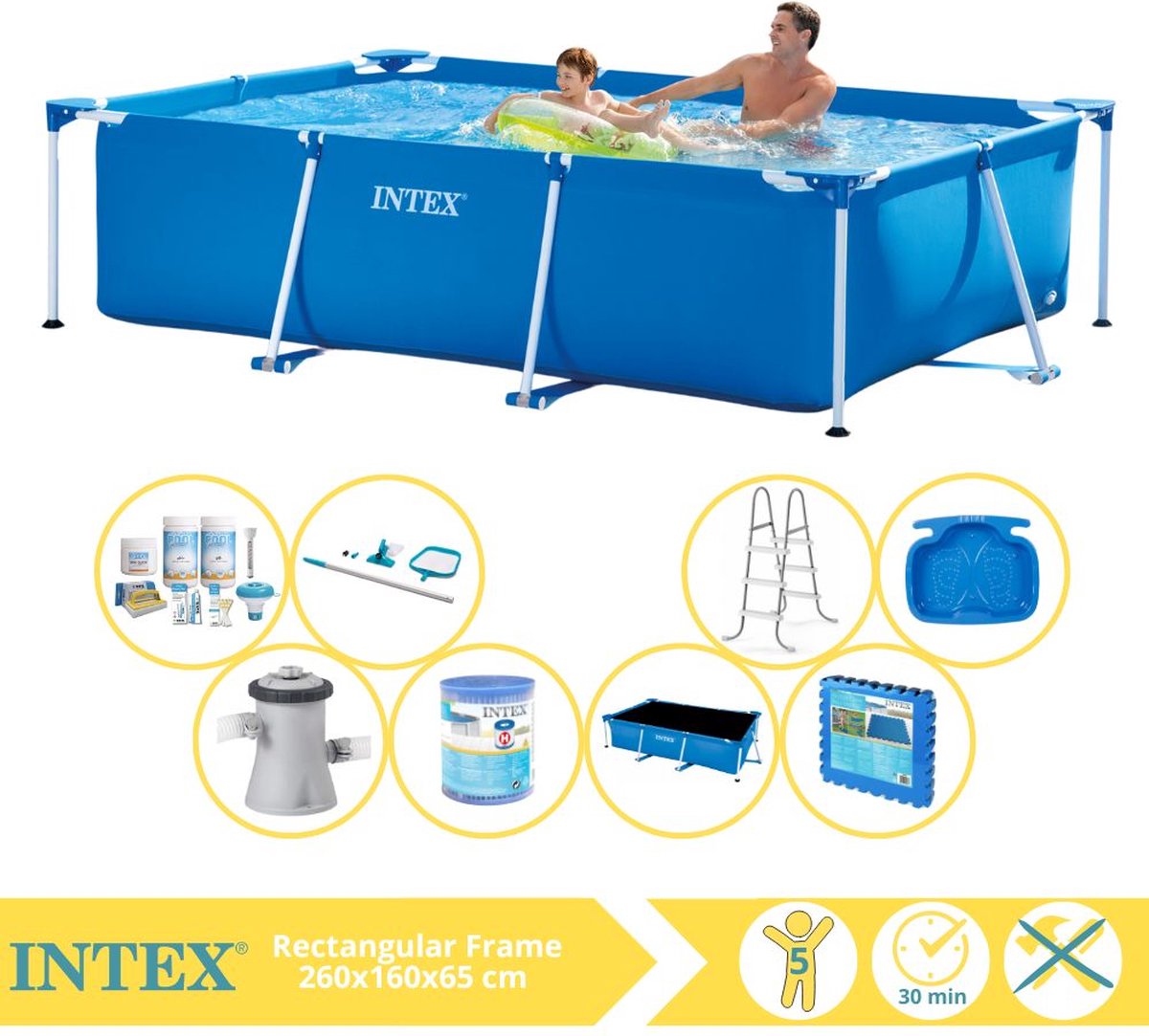   Rectangular Frame Zwembad - Opzetzwembad - 260x160x65 cm - Inclusief Solarzeil Pro, Onderhoudspakket, Zwembadpomp, Filter, Onderhoudsset, Trap, Voetenbad en Zwembadtegels