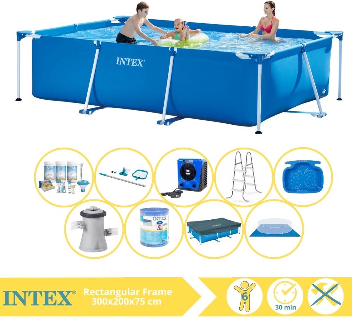 Intex Rectangular Frame Zwembad - Opzetzwembad - 300x200x75 cm - Inclusief Afdekzeil, Onderhoudspakket, Zwembadpomp, Filter, Grondzeil, Onderhoudsset, Trap, Voetenbad en Warmtepomp HS