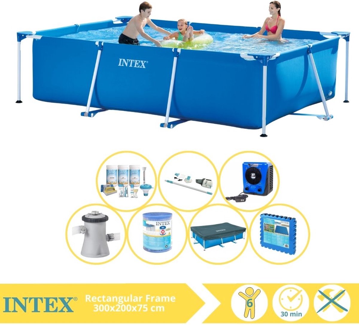 Intex Rectangular Frame Zwembad - Opzetzwembad - 300x200x75 cm - Inclusief Afdekzeil, Onderhoudspakket, Zwembadpomp, Filter, Onderhoudsset, Zwembadtegels en Warmtepomp HS