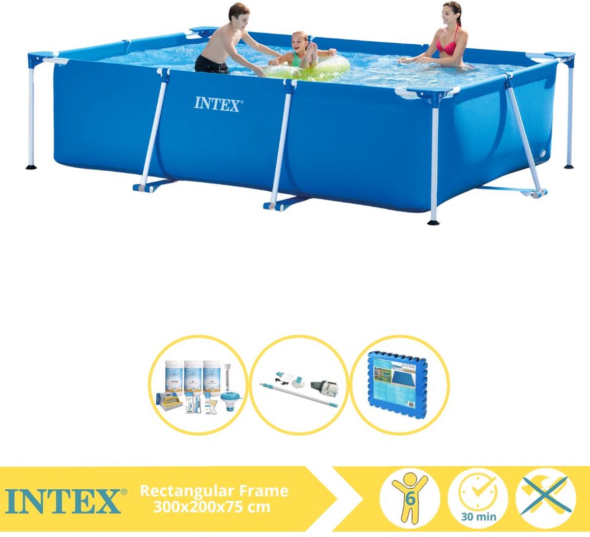 Intex Rectangular Frame Zwembad - Opzetzwembad - 300x200x75 cm - Inclusief Onderhoudspakket, Stofzuiger en Zwembadtegels