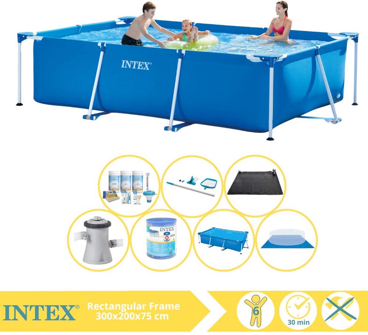 Intex Rectangular Frame Zwembad - Opzetzwembad - 300x200x75 cm - Inclusief Solarzeil, Onderhoudspakket, Zwembadpomp, Filter, Grondzeil, Onderhoudsset en Solar Mat