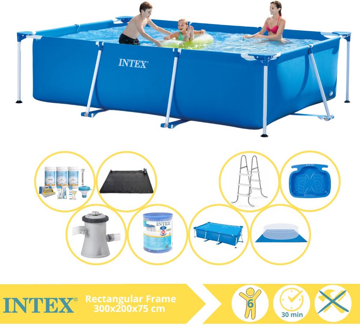 Intex Rectangular Frame Zwembad - Opzetzwembad - 300x200x75 cm - Inclusief Solarzeil, Onderhoudspakket, Zwembadpomp, Filter, Grondzeil, Solar Mat, Trap en Voetenbad