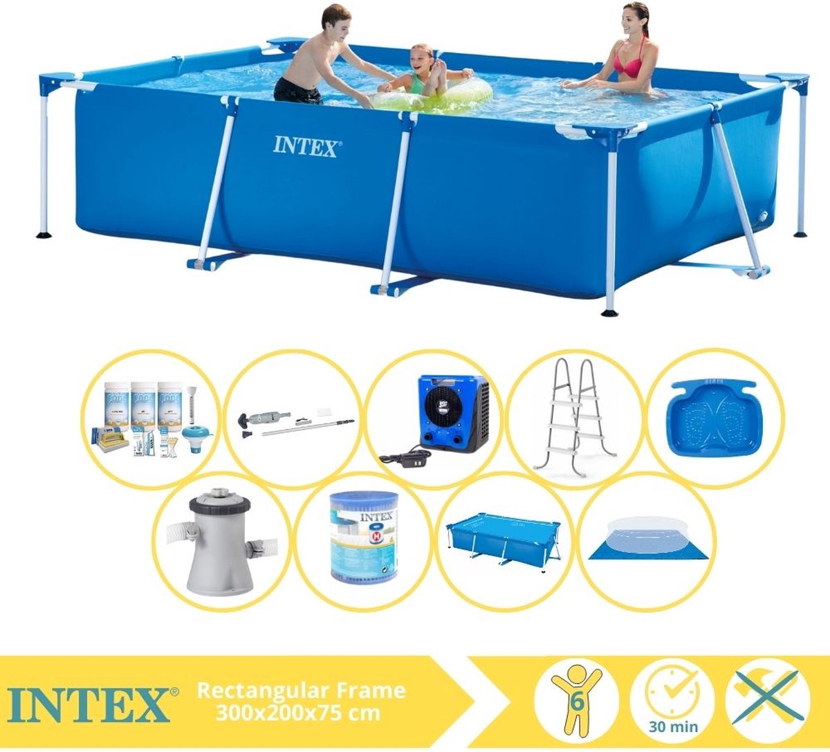 Intex Rectangular Frame Zwembad - Opzetzwembad - 300x200x75 cm - Inclusief Solarzeil, Onderhoudspakket, Zwembadpomp, Filter, Grondzeil, Stofzuiger, Trap, Voetenbad en Warmtepomp HS