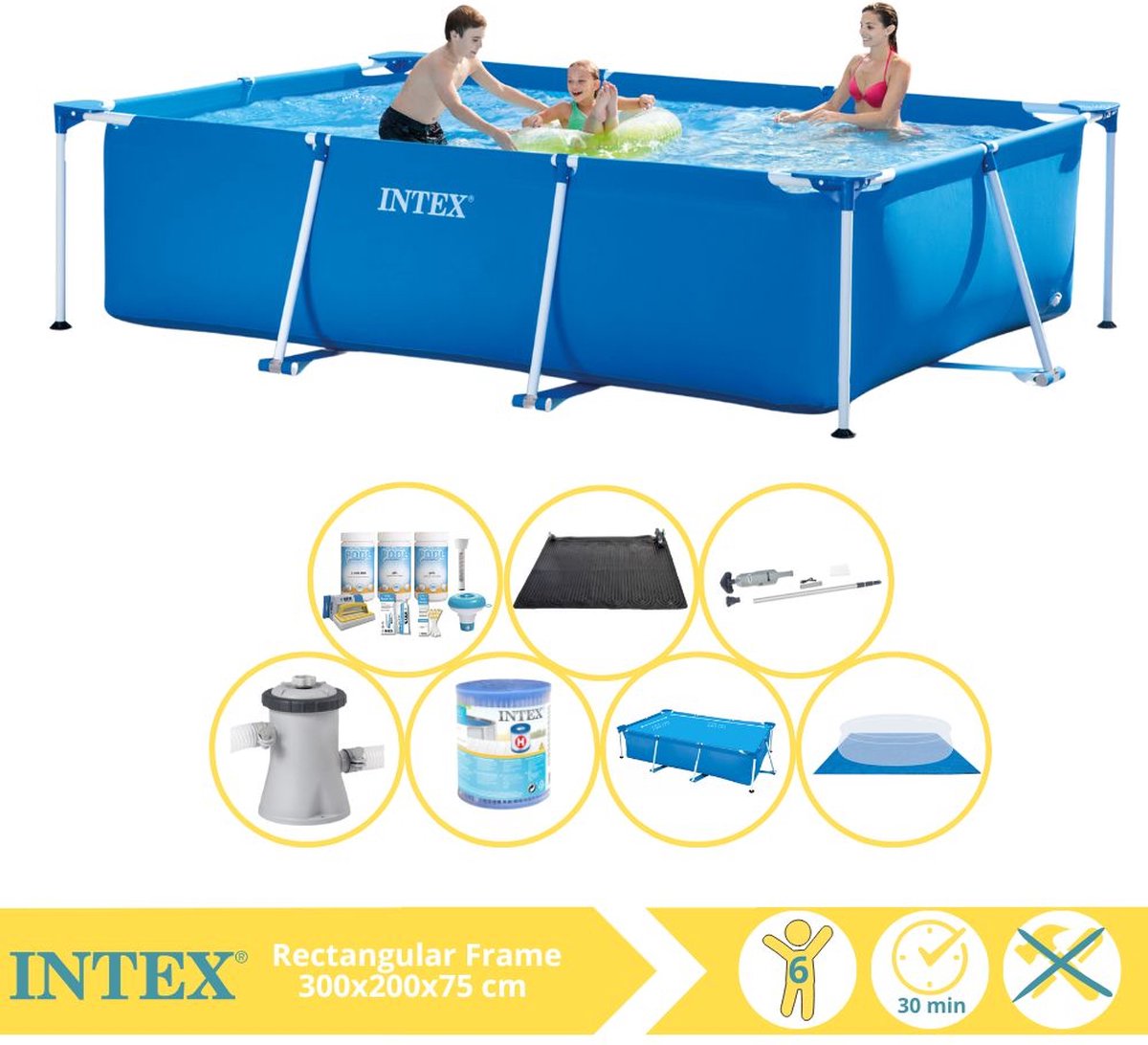   Rectangular Frame Zwembad - Opzetzwembad - 300x200x75 cm - Inclusief Solarzeil, Onderhoudspakket, Zwembadpomp, Filter, Grondzeil, Stofzuiger en Solar Mat