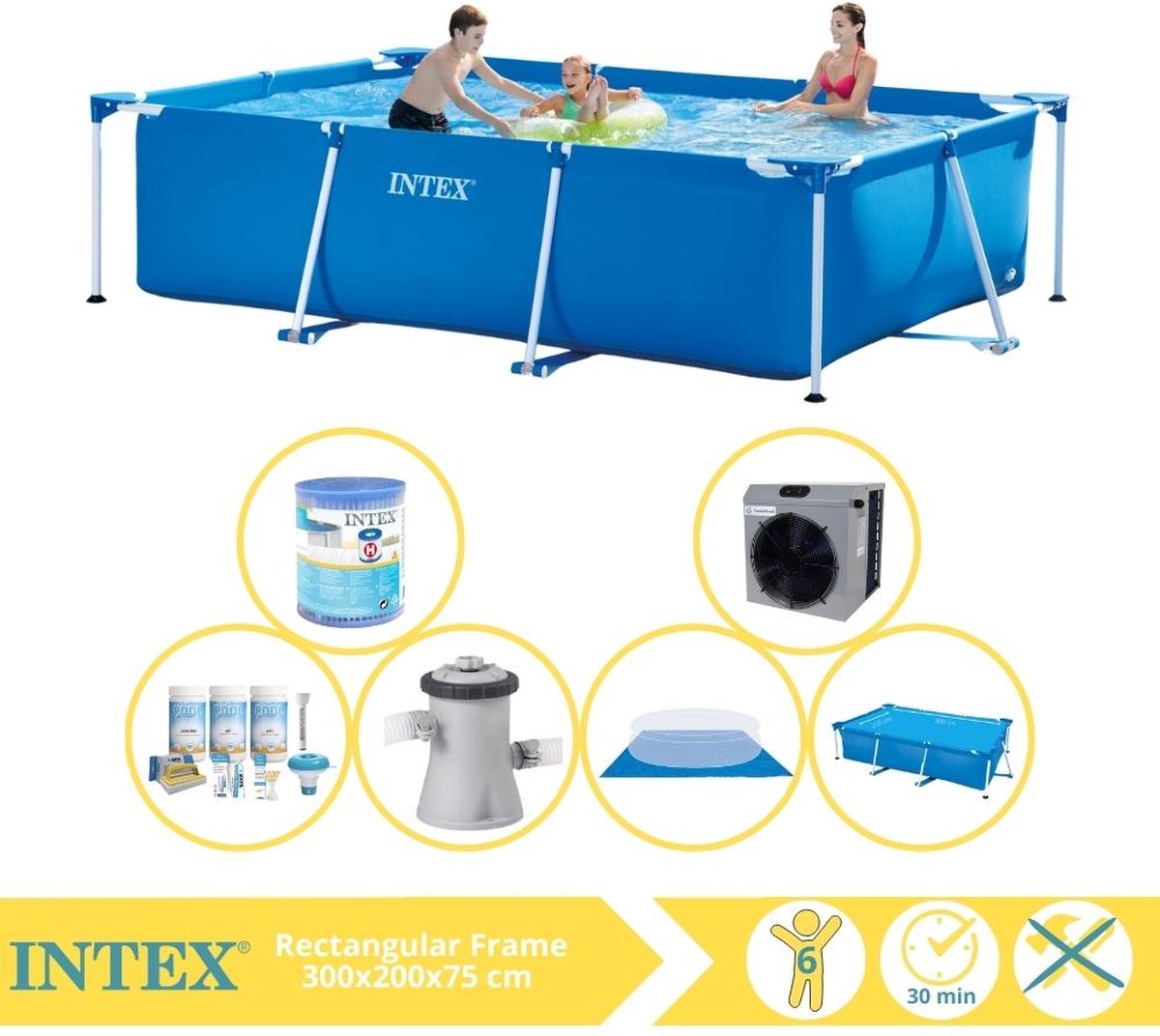 Intex Rectangular Frame Zwembad - Opzetzwembad - 300x200x75 cm - Inclusief Solarzeil, Onderhoudspakket, Zwembadpomp, Filter, Grondzeil en Warmtepomp CP