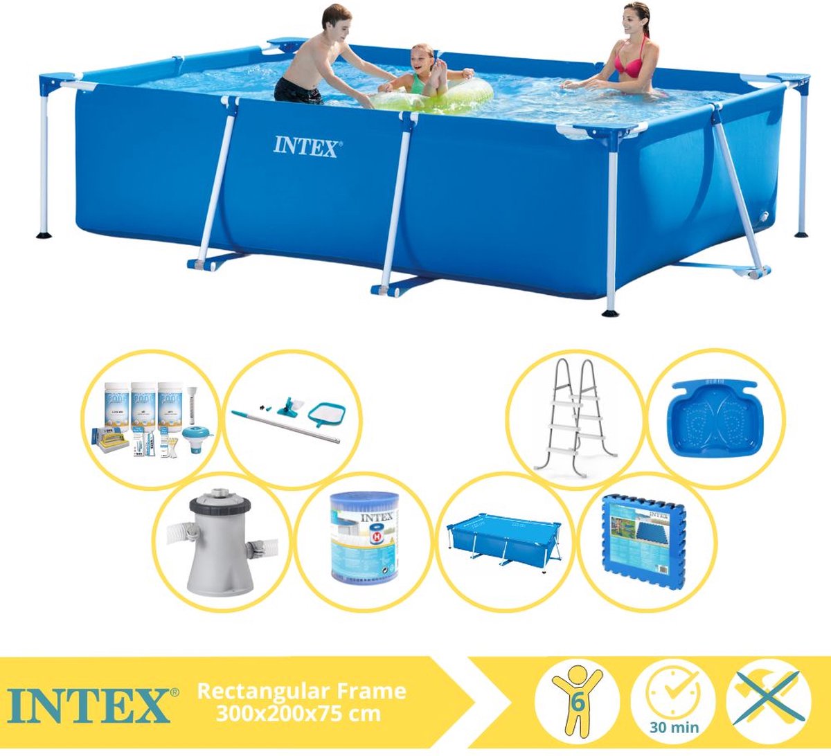 Intex Rectangular Frame Zwembad - Opzetzwembad - 300x200x75 cm - Inclusief Solarzeil, Onderhoudspakket, Zwembadpomp, Filter, Onderhoudsset, Trap, Voetenbad en Zwembadtegels