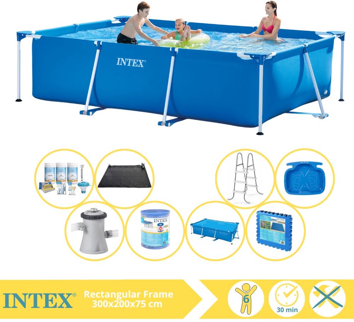   Rectangular Frame Zwembad - Opzetzwembad - 300x200x75 cm - Inclusief Solarzeil, Onderhoudspakket, Zwembadpomp, Filter, Solar Mat, Trap, Voetenbad en Zwembadtegels