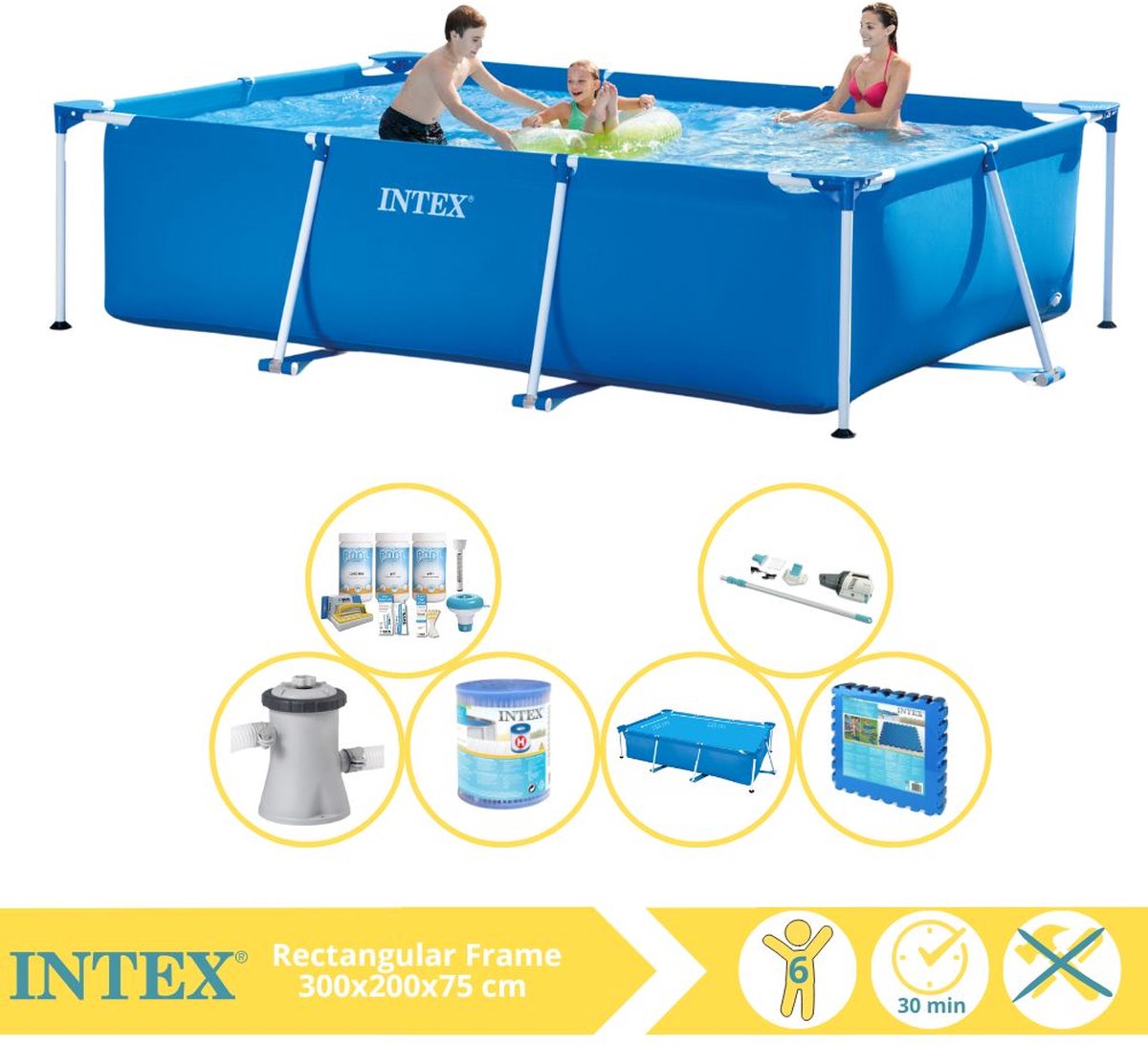 Intex Rectangular Frame Zwembad - Opzetzwembad - 300x200x75 cm - Inclusief Solarzeil, Onderhoudspakket, Zwembadpomp, Filter, Stofzuiger en Zwembadtegels