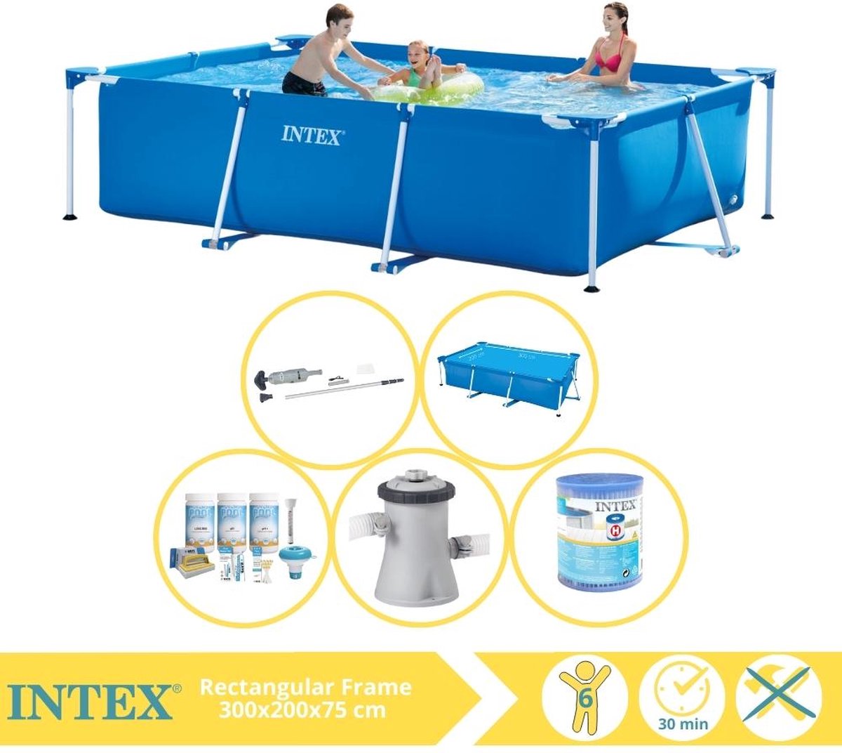 Intex Rectangular Frame Zwembad - Opzetzwembad - 300x200x75 cm - Inclusief Solarzeil, Onderhoudspakket, Zwembadpomp, Filter en Stofzuiger