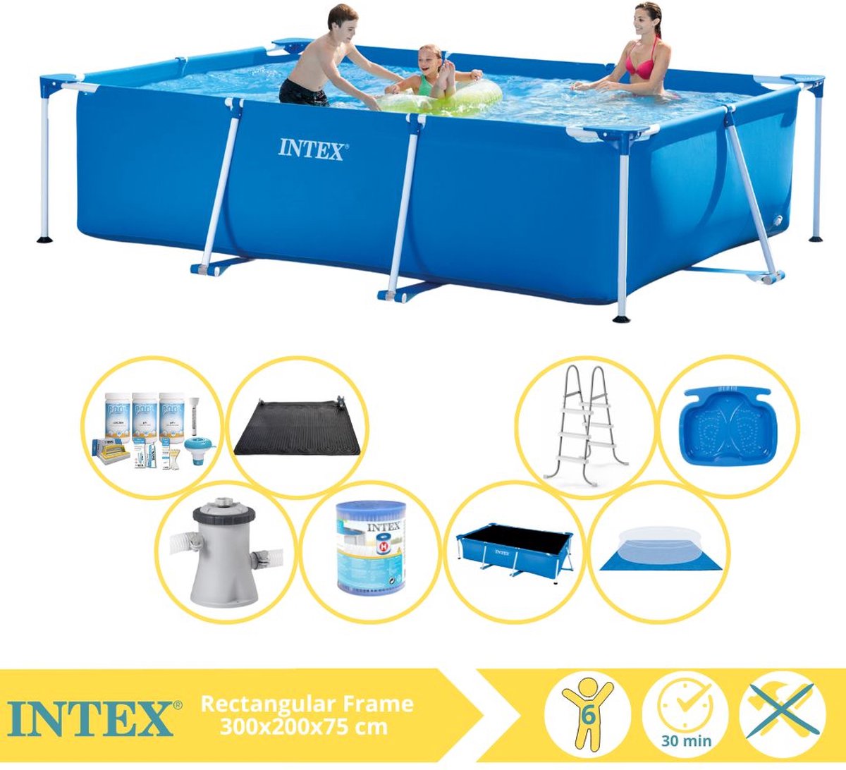   Rectangular Frame Zwembad - Opzetzwembad - 300x200x75 cm - Inclusief Solarzeil Pro, Onderhoudspakket, Zwembadpomp, Filter, Grondzeil, Solar Mat, Trap en Voetenbad