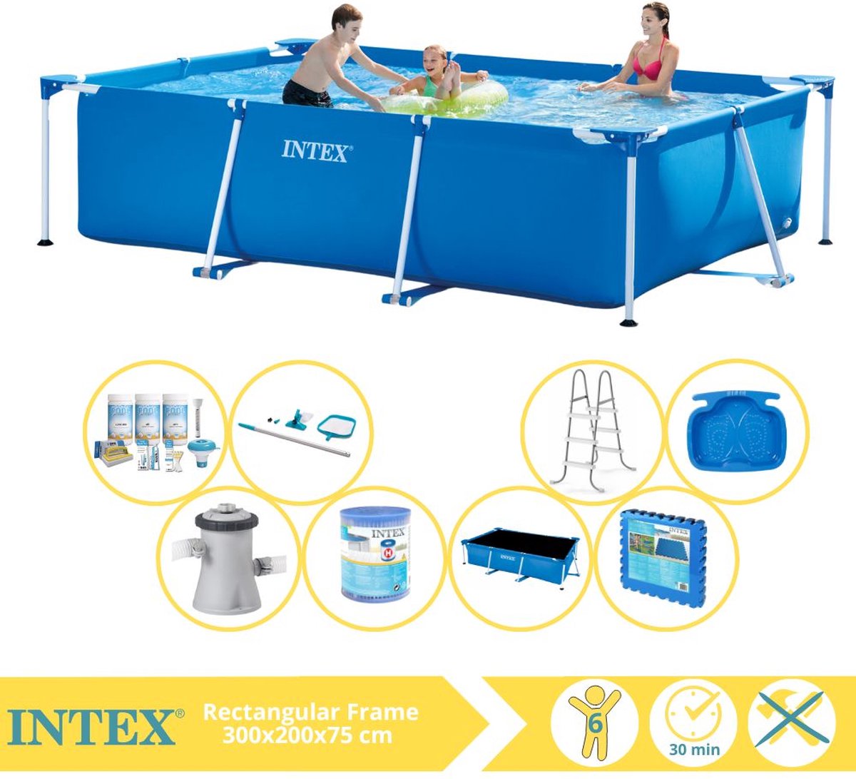   Rectangular Frame Zwembad - Opzetzwembad - 300x200x75 cm - Inclusief Solarzeil Pro, Onderhoudspakket, Zwembadpomp, Filter, Onderhoudsset, Trap, Voetenbad en Zwembadtegels