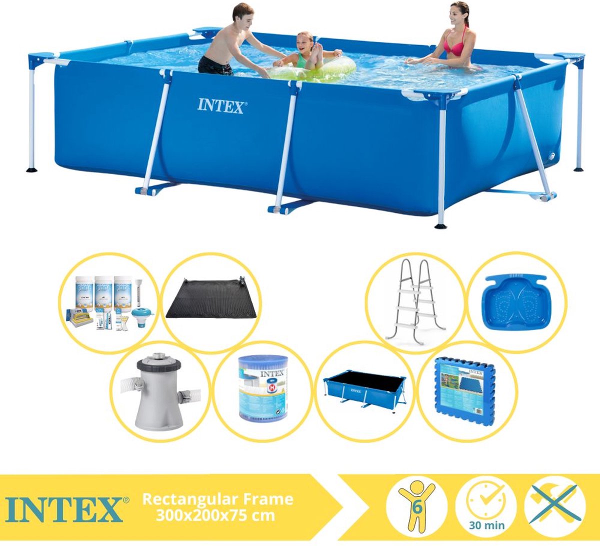   Rectangular Frame Zwembad - Opzetzwembad - 300x200x75 cm - Inclusief Solarzeil Pro, Onderhoudspakket, Zwembadpomp, Filter, Solar Mat, Trap, Voetenbad en Zwembadtegels
