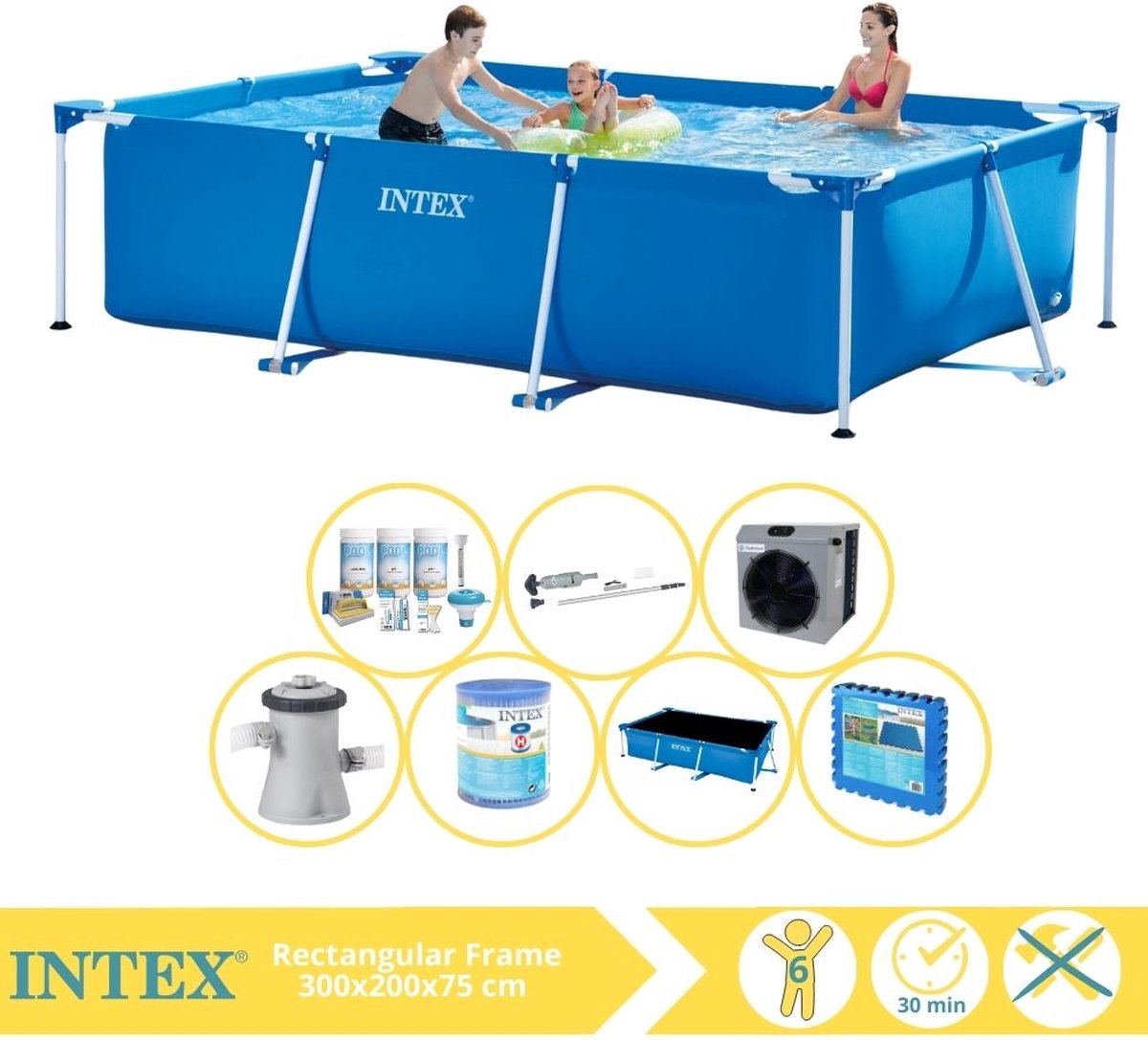 Intex Rectangular Frame Zwembad - Opzetzwembad - 300x200x75 cm - Inclusief Solarzeil Pro, Onderhoudspakket, Zwembadpomp, Filter, Stofzuiger, Zwembadtegels en Warmtepomp CP