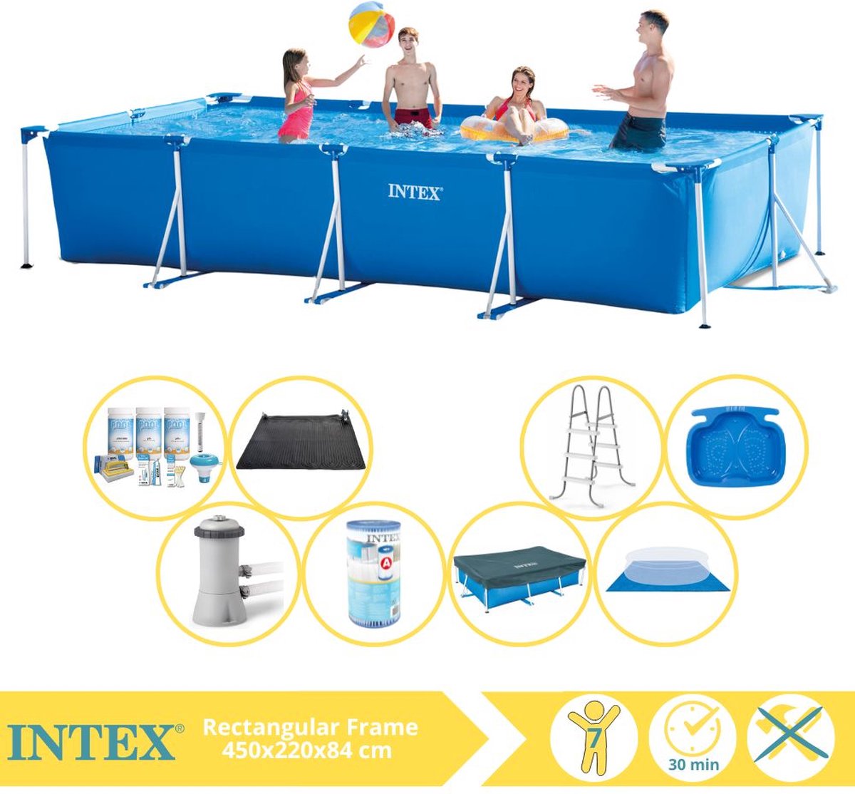   Rectangular Frame Zwembad - Opzetzwembad - 450x220x84 cm - Inclusief Afdekzeil, Onderhoudspakket, Zwembadpomp, Filter, Grondzeil, Solar Mat, Trap en Voetenbad