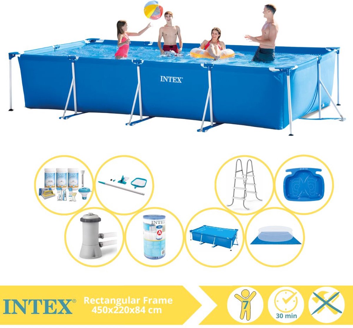   Rectangular Frame Zwembad - Opzetzwembad - 450x220x84 cm - Inclusief Solarzeil, Onderhoudspakket, Zwembadpomp, Filter, Grondzeil, Onderhoudsset, Trap en Voetenbad