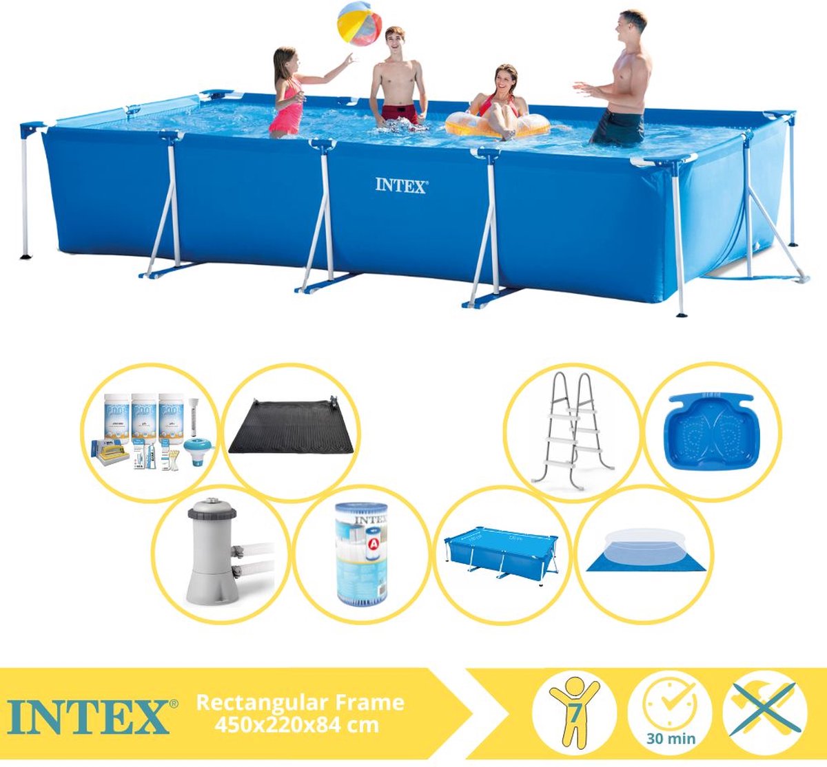   Rectangular Frame Zwembad - Opzetzwembad - 450x220x84 cm - Inclusief Solarzeil, Onderhoudspakket, Zwembadpomp, Filter, Grondzeil, Solar Mat, Trap en Voetenbad
