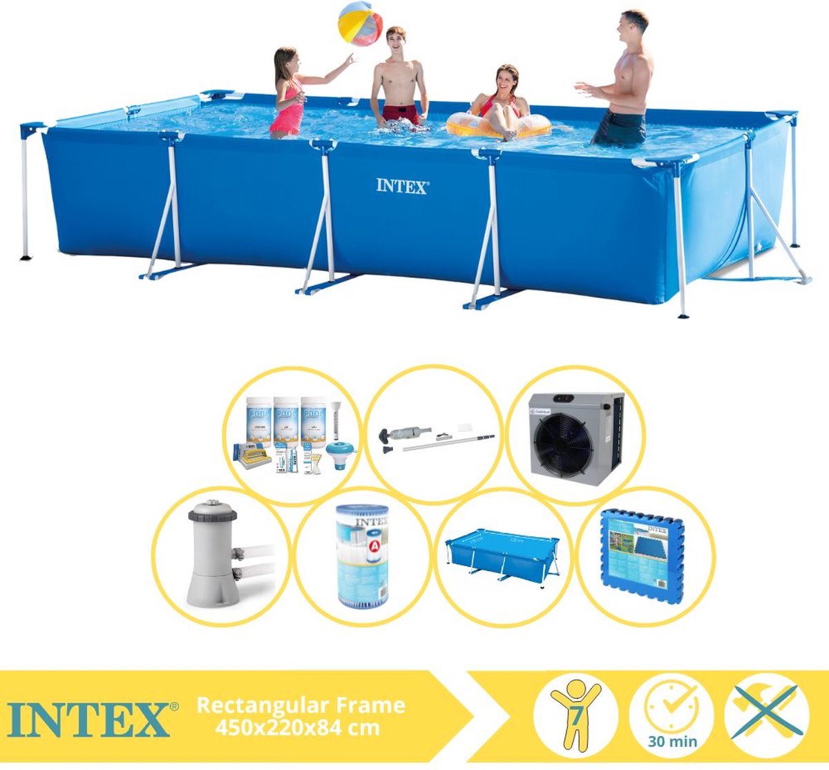 Intex Rectangular Frame Zwembad - Opzetzwembad - 450x220x84 cm - Inclusief Solarzeil, Onderhoudspakket, Zwembadpomp, Filter, Stofzuiger, Zwembadtegels en Warmtepomp CP