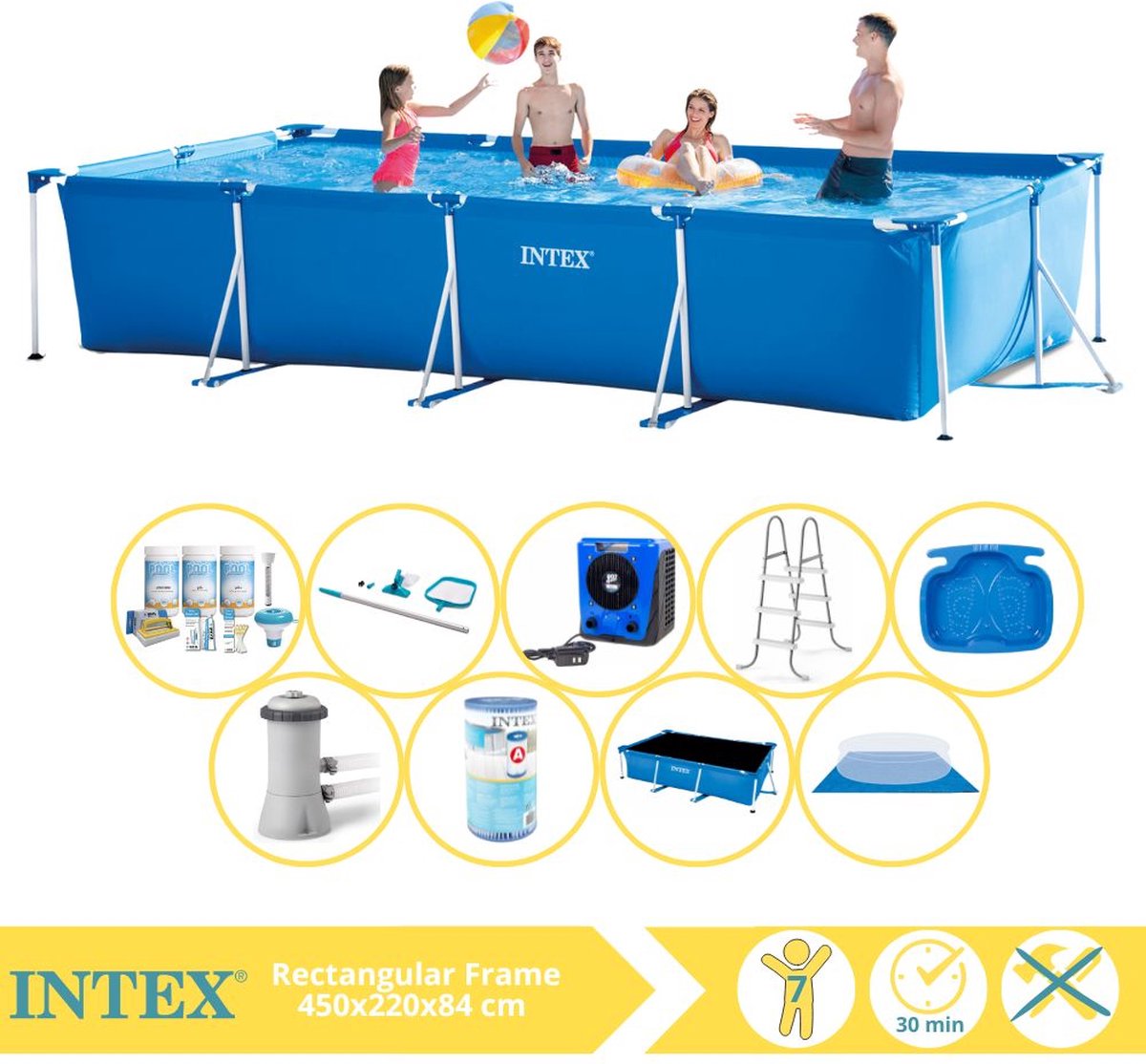 Intex Rectangular Frame Zwembad - Opzetzwembad - 450x220x84 cm - Inclusief Solarzeil Pro, Onderhoudspakket, Filter, Grondzeil, Onderhoudsset, Trap, Voetenbad en Warmtepomp HS