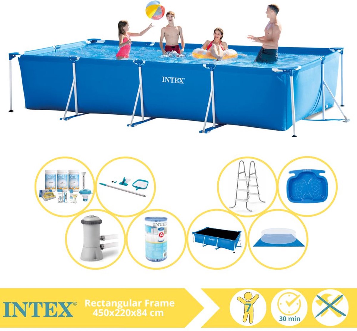   Rectangular Frame Zwembad - Opzetzwembad - 450x220x84 cm - Inclusief Solarzeil Pro, Onderhoudspakket, Zwembadpomp, Filter, Grondzeil, Onderhoudsset, Trap en Voetenbad