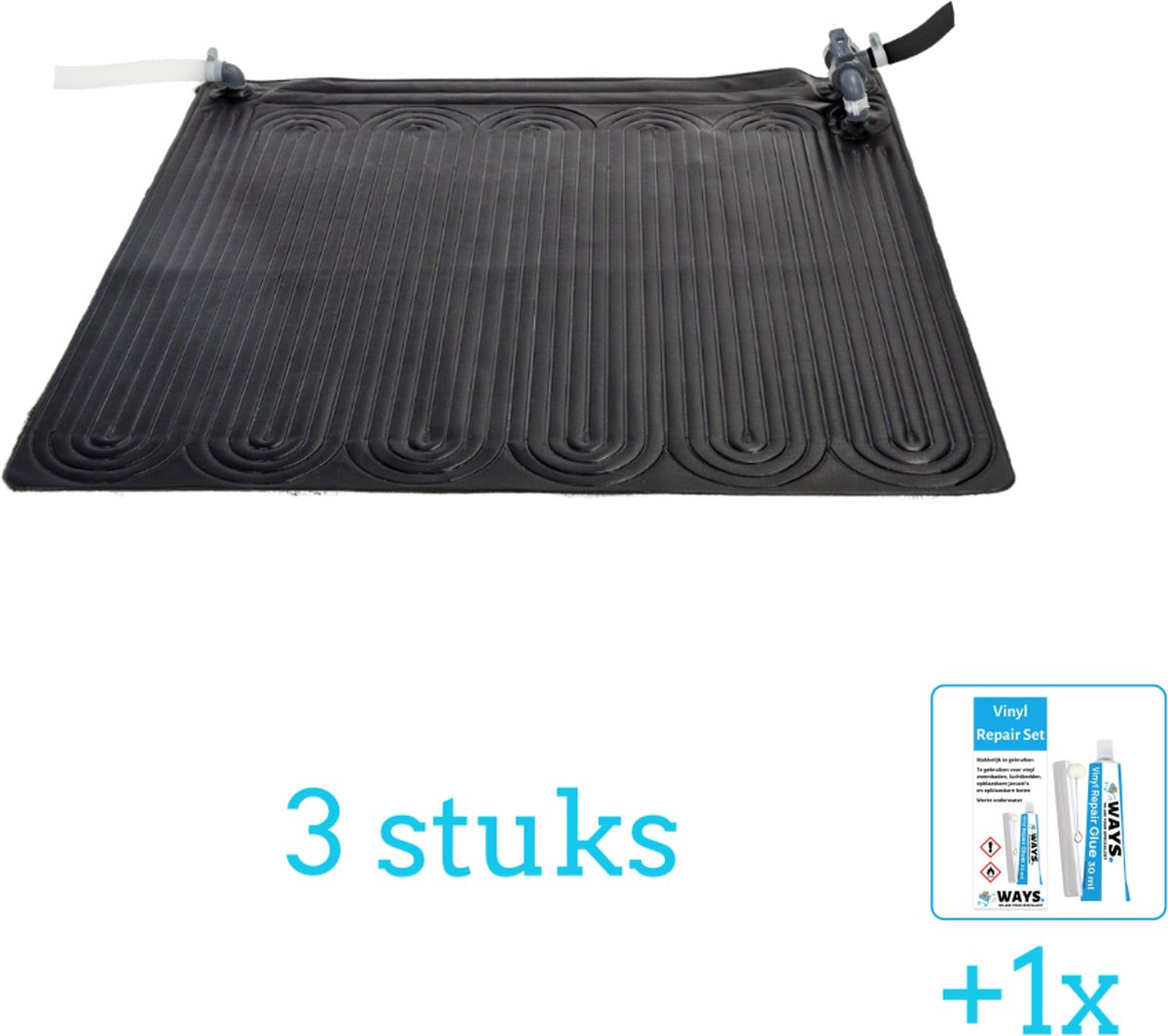   Solar Mat - Zwembad Verwarming - 28685 - 3 stuks - Voordeelverpakking - Inclusief WAYS Reparatiesetje (1 stuks) - Verwarming voor Zwembad - Zonneverwarming -   - Geschikt voor alle filterpompen met 32 en 38 mm