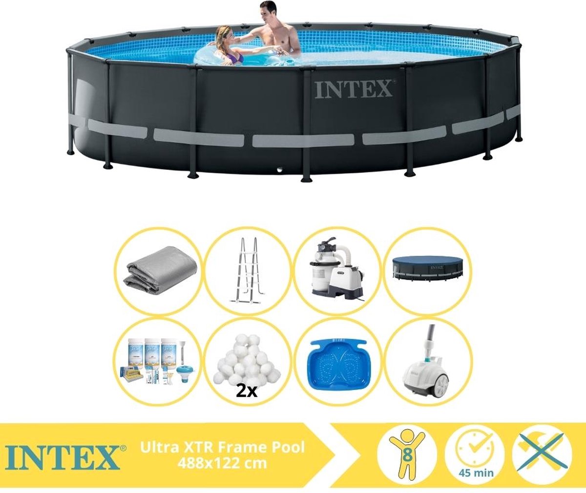 Intex Ultra XTR Frame Zwembad - Opzetzwembad - 488x122 cm - Inclusief Onderhoudspakket, Filterbollen, Zwembad Stofzuiger en Voetenbad