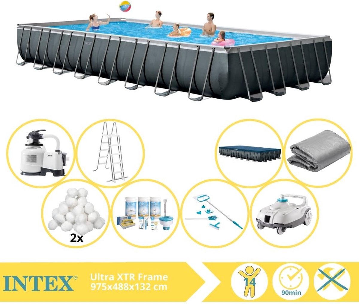 Intex Ultra XTR Frame Zwembad - Opzetzwembad - 975x488x132 cm - Inclusief Onderhoudspakket, Filterbollen, Onderhoudsset en Zwembad Stofzuiger