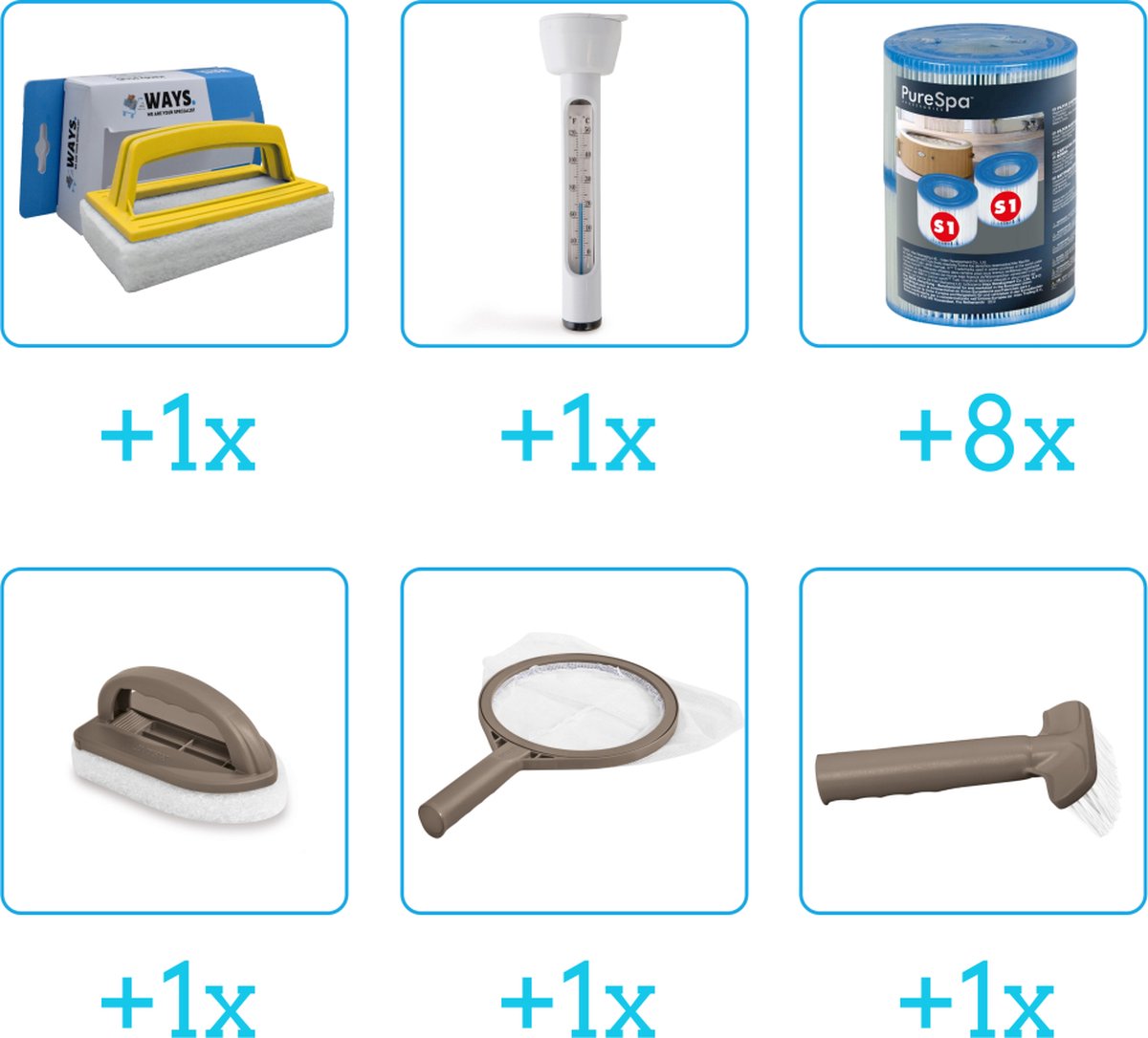 Spa Onderhoudsset - Startersset - Onderhoud Spa - bevat Schoonmaaksets - Scrubborstel - Thermometer en Filters - Spa Onderhoud Startersset - Onderhoud voor Spa - Geschikt voor alle type Spas (4-delig)