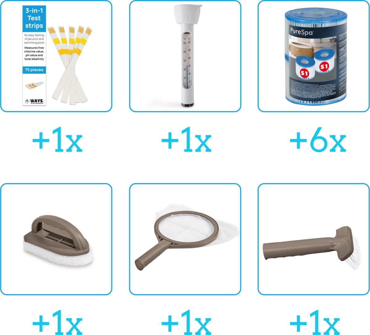 Spa Onderhoudsset - Startersset - Onderhoud Spa - bevat Schoonmaaksets - Testrips - Thermometer en Filters - Spa Onderhoud Startersset - Onderhoud voor Spa - Geschikt voor alle type Spas (4-delig)