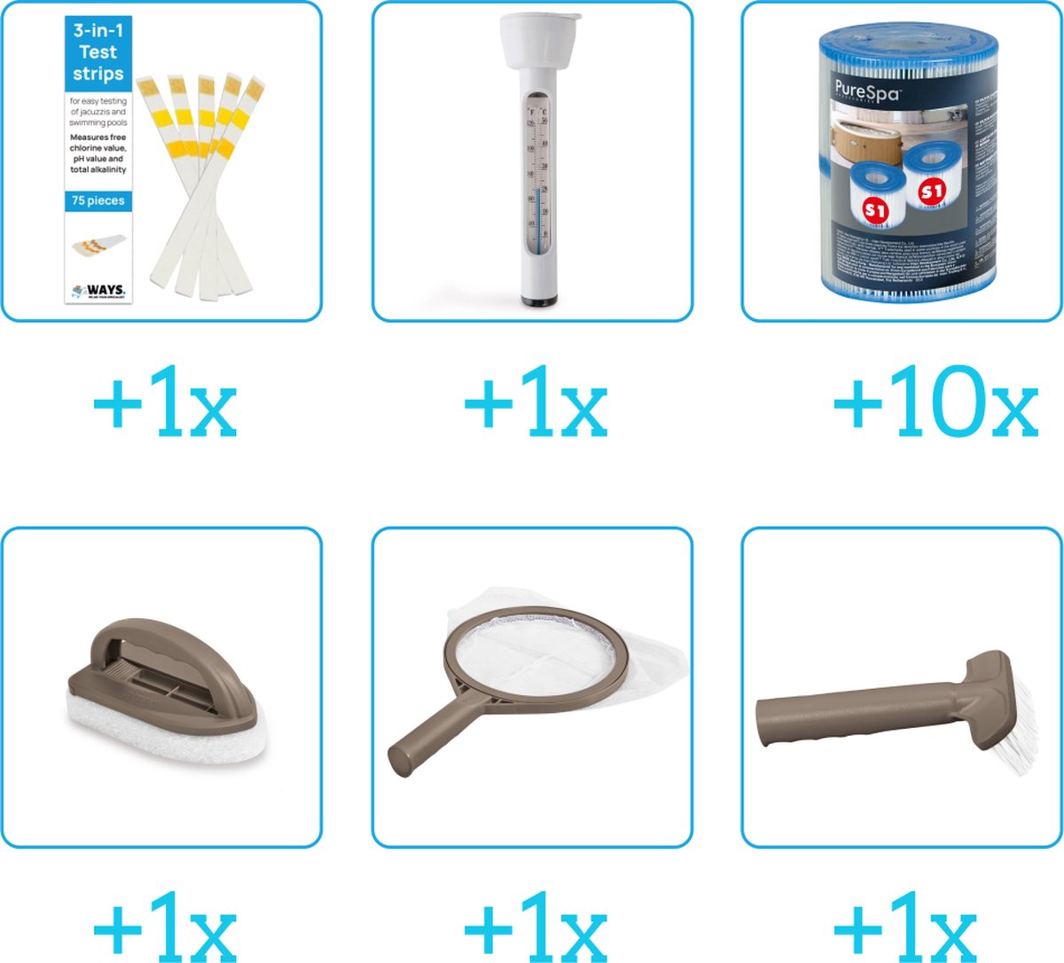 Spa Onderhoudsset - Startersset - Onderhoud Spa - bevat Schoonmaaksets - Testrips - Thermometer en Filters - Spa Onderhoud Startersset - Onderhoud voor Spa - Geschikt voor alle type Spas (4-delig)