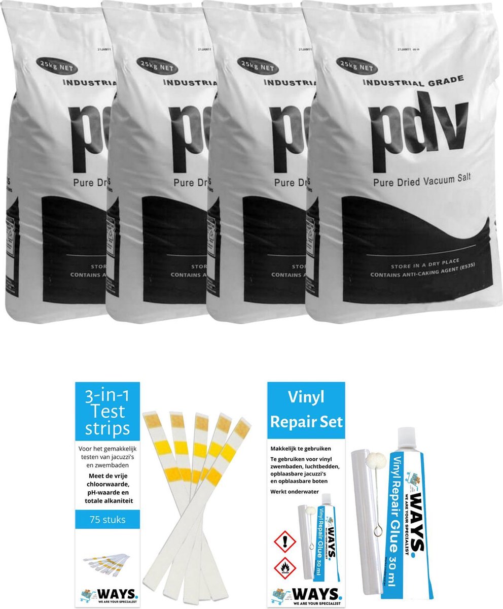 Voordeelverpakking - Zwembadzout - 100 kg (4 x 25) & WAYS Reparatieset en Teststrips