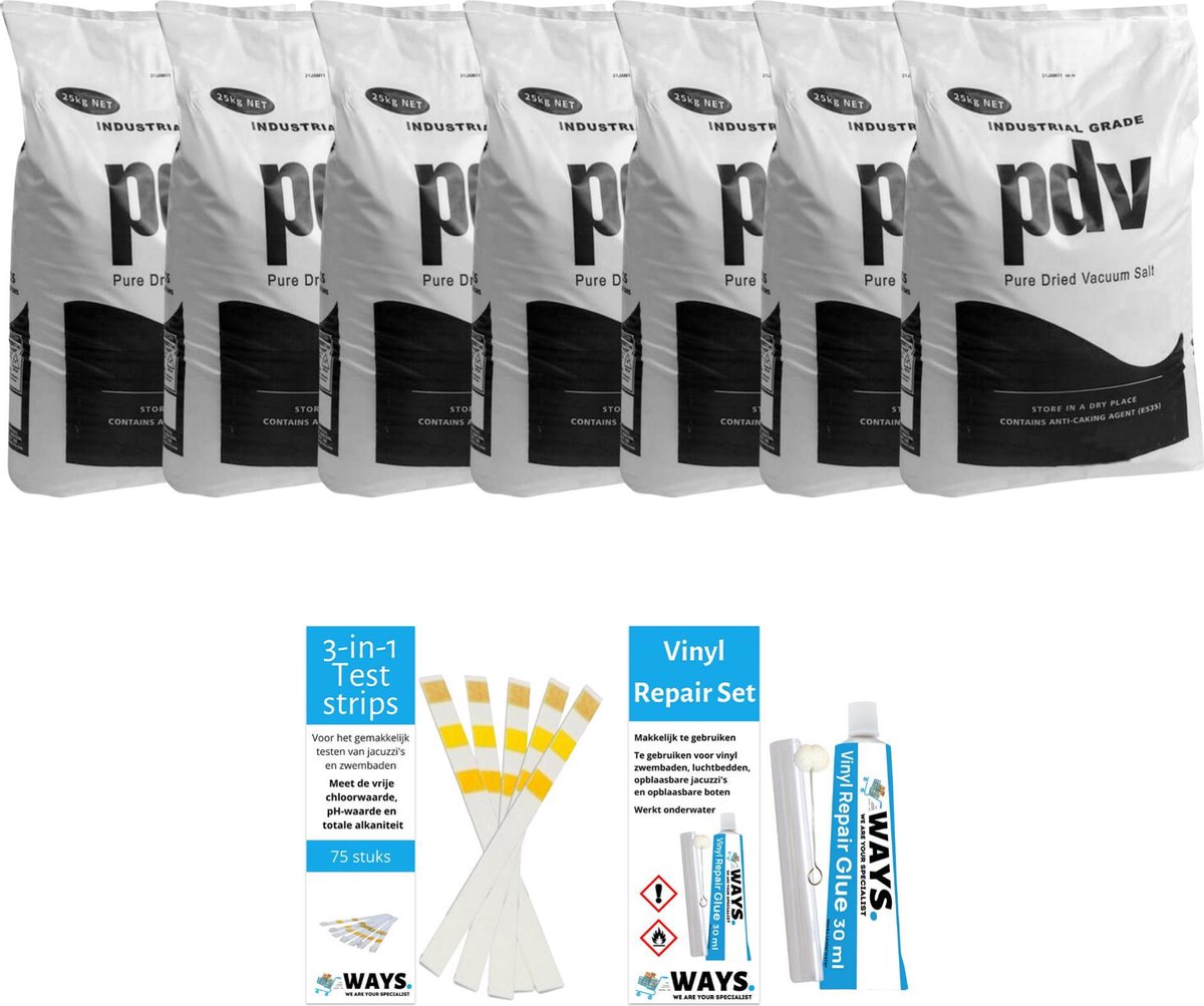 Voordeelverpakking - Zwembadzout - 175 kg (7 x 25) & WAYS Reparatieset en Teststrips