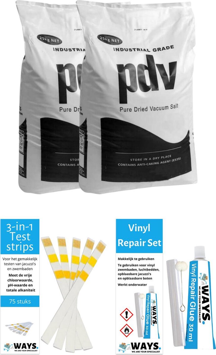 Voordeelverpakking - Zwembadzout - 50 kg (2 x 25) & WAYS Reparatieset en Teststrips