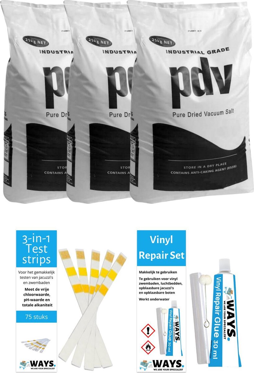 Voordeelverpakking - Zwembadzout - 75 kg (3 x 25) & WAYS Reparatieset en Teststrips