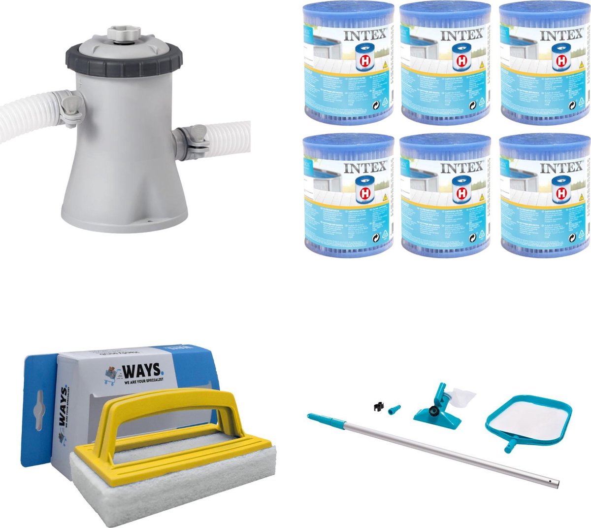 WAYS - Zwembad Onderhoud -   Onderhoudsset &   Filterpomp 28602GS & 6   Filters Type H & WAYS Handy Scrubborstel